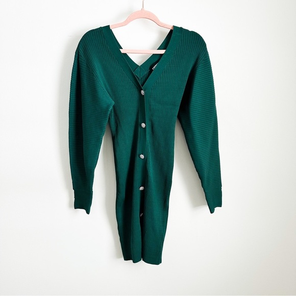 NWT Express Emerald Green V Neck Oversized Ribbed Sweater Dress sz XXS - Picture 2 of 7